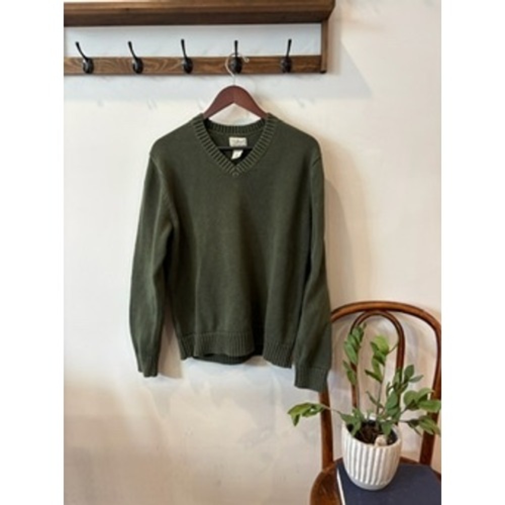 Vintgae LL Bean Olive Green 100% Cotton V-Neck Shaker Knit Sweater
